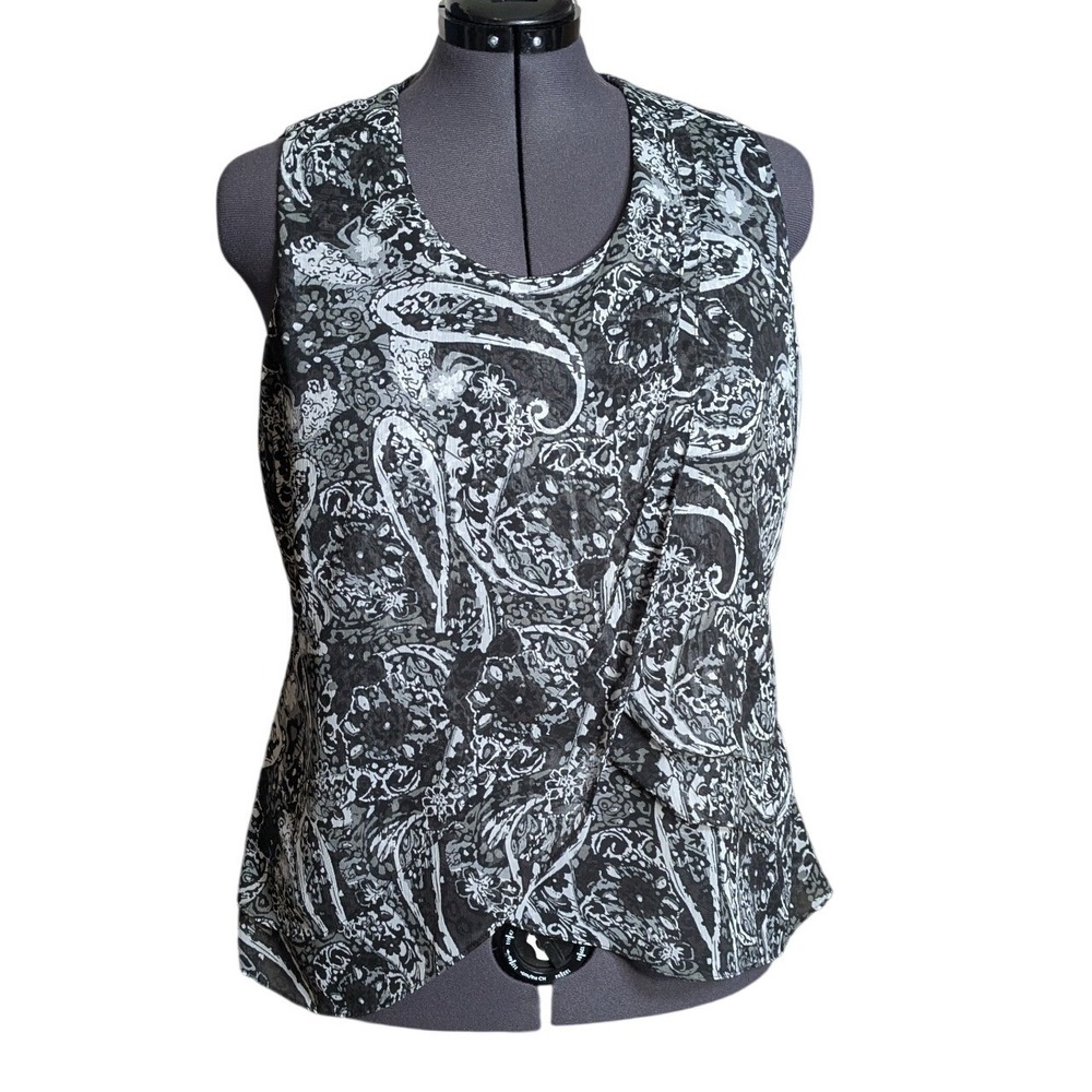 Whimsigoth‎ Paisley Draped Blouse Sleeveless Black Grey Tank Top Plus Size XL